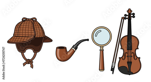 Vector set of classic investigation elements a unique hat, smoking pipe, magnifying glass, and an elegant violin, isolated on white