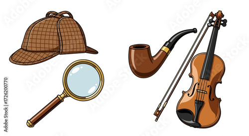Vector classic detective equipment magnifying glass, pipe, deerstalker hat, violin. Isolated on white for mystery and investigation concepts