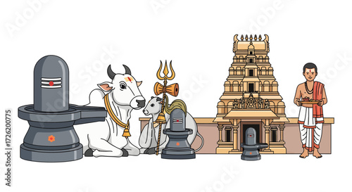 Vector illustration showcasing essential Hindu worship symbols Shiva Lingam, sacred Nandi bull, ancient temple, and a devout priest