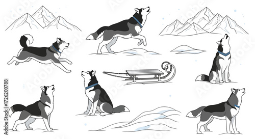 Vector set of husky dogs in diverse poses (running, howling, sitting), a winter sled, and snowy mountain elements for design