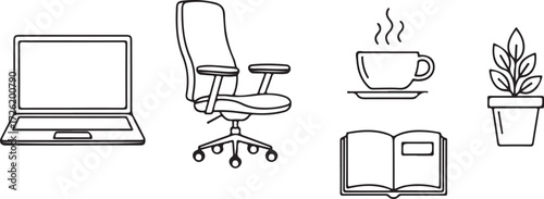 Office desk icons laptop chair coffee open book plant on white background Keywords: laptop, computer