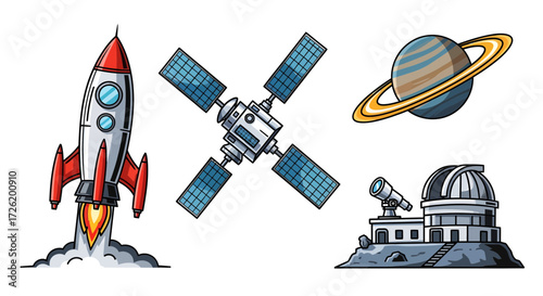 Vector cartoon set of space exploration elements, including a launching rocket, orbiting satellite, ringed Saturn planet, and a detailed astronomical observatory