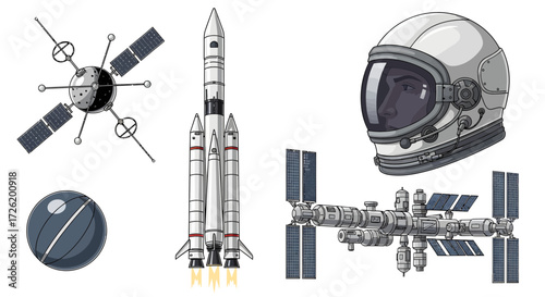 Collection of Space Exploration Elements Rocket, Satellite, Astronaut Helmet, and Space Station