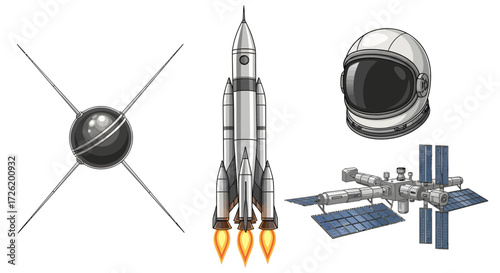 Vector illustration set of key space exploration elements a classic satellite, powerful rocket, astronaut helmet, and orbiting space station, perfect for science and future concepts