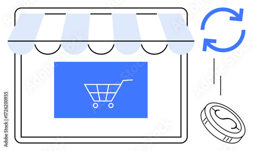 Storefront with awning, blue shopping cart on screen, coin, and refresh icon. Ideal for e-commerce, retail, shopping, payment systems subscriptions business sustainable commerce. Simple flat