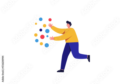 And dynamic image of a man stretching towards a lively cluster of colorful circles, perfect for creative and abstract concepts.