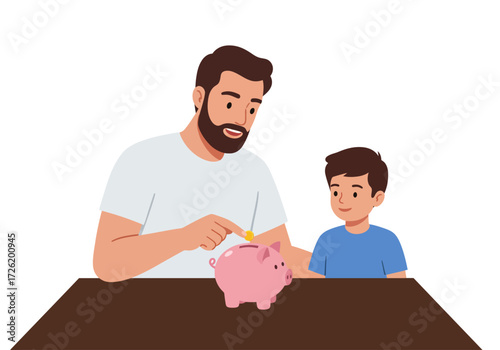 Touching moment captured as father and son save money together. Ideal for family finance articles or banking promotions.