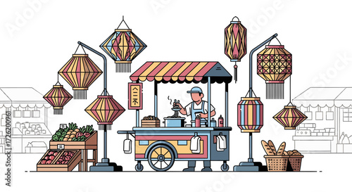 Vibrant Night Market Scene with Food Cart, Vendor, Fresh Produce, and Decorative Traditional Lanterns - Flat Line Art Vector Illustration