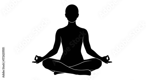 Silhouette of a person in a yoga lotus position, embodying peace and mindfulness on a white background
