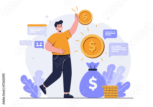 Person holding cash and multiple bags filled with money, symbolizing wealth, success, finance, business, investment, savings, banking, and prosperity.