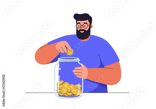 Man saving money by depositing a coin into a jar. Suitable for finance, saving 