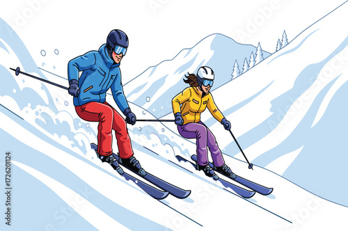 Couple skiing downhill on snowy mountain slope, man and woman wearing helmets and gear, winter sport activity, outdoor adventure illustration