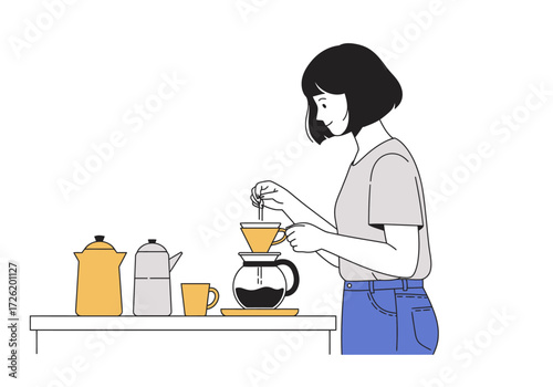 Woman making pourover coffee in minimalist drawing suitable for coffee shops, blogs, and kitchen decor in modern spaces.