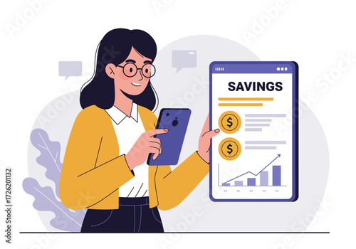 Financial planning concept with a woman checking savings on a phone. Suitable for banking, finance, technology, budgeting and investing designs.