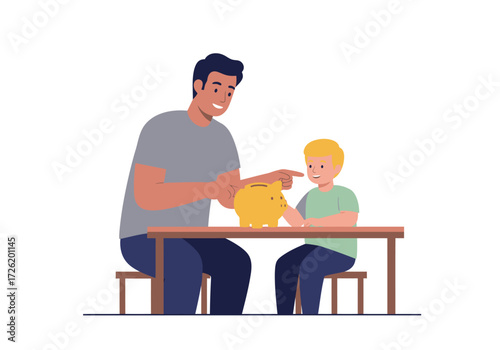 Man and a boy looking at a yellow piggy bank. Suitable for finance and savings concepts in advertising or presentations.