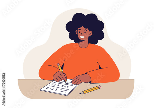 Person solving math problems at desk with pencil, suitable for educational materials, textbooks, articles, and websites on mathematics and studying.