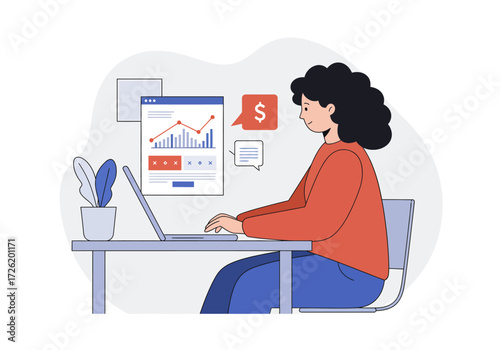Woman multitasks with laptop and stock market data on screen. Suitable for finance, technology, business presentations, or digital marketing content.