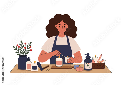 Woman creates botanicalthemed candles with herbal decorations and soap dispensers. Perfect for home decor, handmade product, relaxation, candlemaking, and spa themes.
