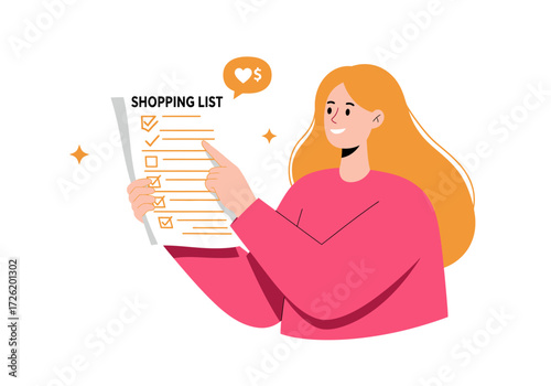 Woman smiling with completed shopping list, ideal for promotions, lifestyle blogs, and grocery stores advertising. Useful asset for marketing.