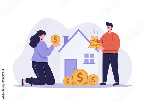Couple holding money near a house for home investment. Ideal for finance, real estate, investment, housing, couple, and lifestyle concepts.