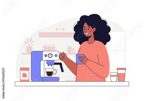 Woman happily prepares coffee with an espresso machine at home. Great for showcasing morning routine, kitchen appliances, and coffeemaking process.