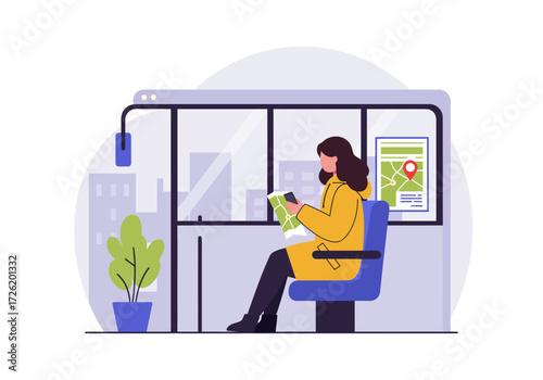 Woman reads a map on a bus in city. Suitable for travel, transportation, urban concepts.