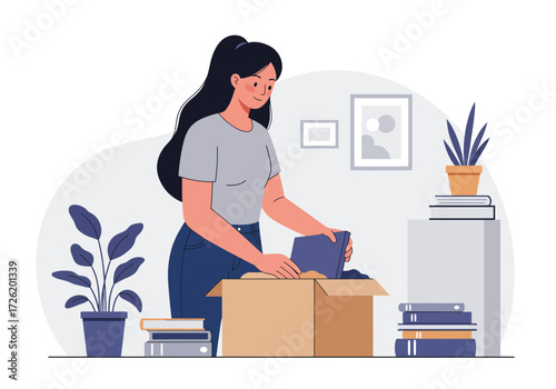 Woman unpacking books indoors, suitable for moving, organization, lifestyle, or education concepts in print or digital marketing materials.