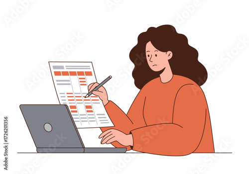 Woman multitasking, using laptop and holding calendar, perfect for illustrating time management, planning, remote work, organization, and productivity concepts.