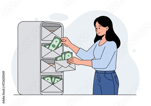 Woman organizes cash in envelopes in file cabinet. Suitable for financial management, savings, money organization, budgeting concepts in design projects.