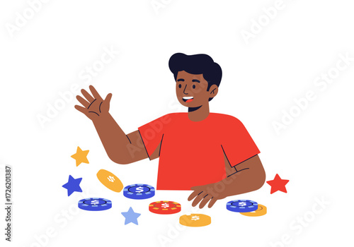 Smiling man with chips and stars perfect for gambling and casinorelated designs, promotions, and concepts. Trendy and engaging visuals.