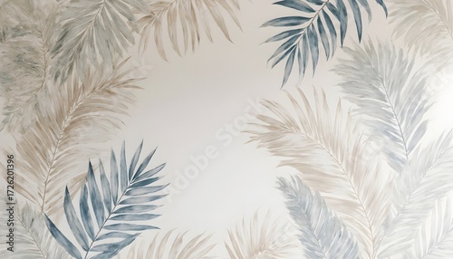 Elegant Tropical Leaf Pattern Wall Mural in Soft Neutral and Blue Tones for Interior Decoration