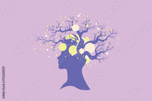 Abstract Head Silhouette with Tree Branches and Digital Nodes – Brain, Growth and Business Concept Illustration