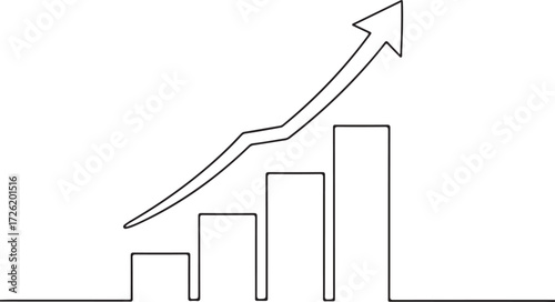 Simple line art bar graph with upward trending arrow on white background Keywords: bar graph, chart