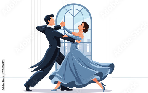 Elegant couple dancing ballroom waltz in formal attire, graceful movement, dance performance, romantic illustration, classical music, professional choreography art