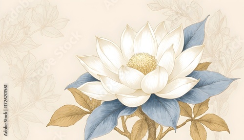 Elegant White Flower with Blue and Brown Leaves Botanical Illustration for Art and Decor