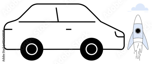 Black outlined car next to rocket launching upward. Ideal for technology, innovation, growth, progress, transportation, speed, futuristic concepts. Simple flat metaphor