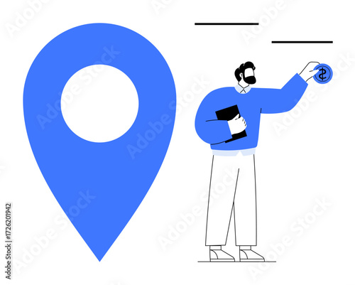 Man holding dollar coin with notebook in hand next to large blue location pin. Ideal for finance, navigation, saving money, budgeting, strategy, economy, business a simple flat metaphor