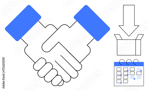 Two hands shaking, download arrow into a box, and calendar squares. Ideal for collaboration, agreement, partnerships, logistics, scheduling time management teamwork. A simple flat metaphor