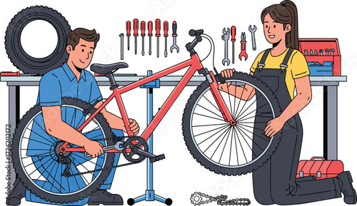 Man and woman repairing bicycle in workshop, fixing bike with tools, teamwork maintenance, mechanical service, cycling repair illustration concept
