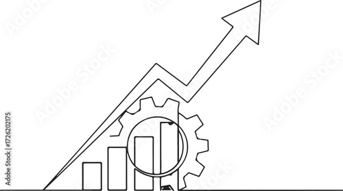 Upward trending arrow over gear and bar graph line art Keywords: growth, success, business, finance, graph