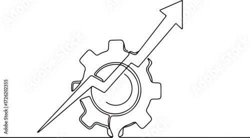 Upward trending arrow through gear line art on white background Keywords: growth, success, business