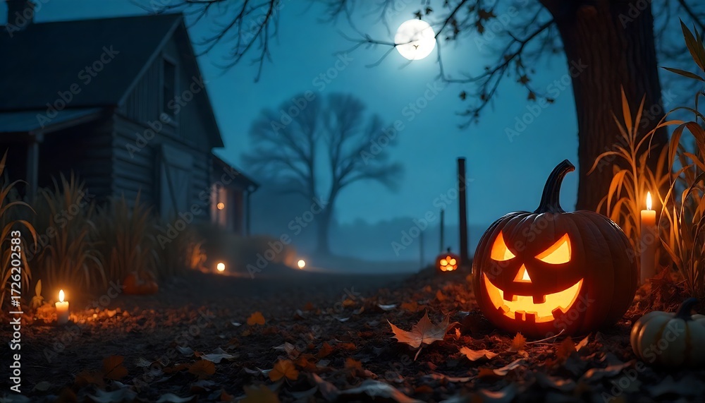 Naklejka premium Spooky Halloween night with glowing jack o'lanterns and haunted barn under a full moon creating an eerie festive atmosphere