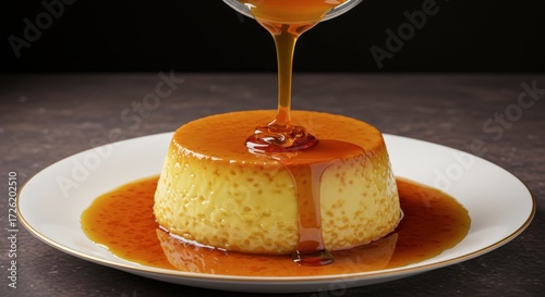 Caramel custard dessert pouring