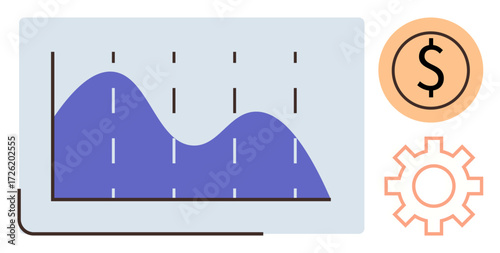 Financial chart with blue trend lines, orange dollar sign, and gear symbolizing data analysis, finance, economy, strategy, business growth, optimization and innovation. Simple flat metaphor