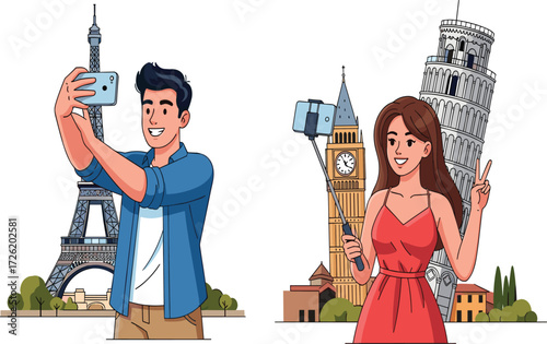 Man and woman taking travel selfies, Eiffel Tower, Big Ben, Leaning Tower of Pisa, tourism, landmarks, vacation, photography, adventure illustration