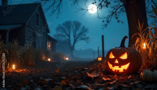 Spooky Halloween night with glowing jack o'lanterns and haunted barn under a full moon creating an eerie festive atmosphere