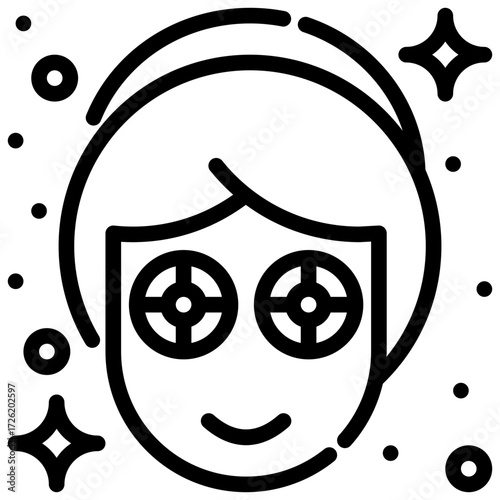 Facial treatment icon person with slices cucumber shows skincare cosmetic treatment