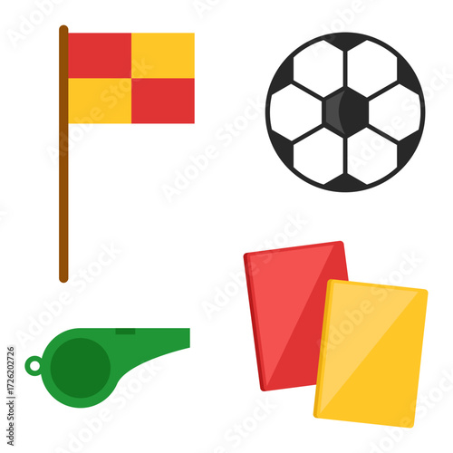 Soccer Referee Equipment Set – Flag, Whistle, Cards, Football Ball Vector Illustration