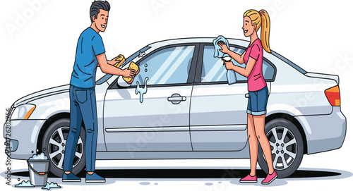 Man and woman washing car together, cleaning vehicle, teamwork, soap water, outdoor car wash, auto care, friendship, weekend activity illustration