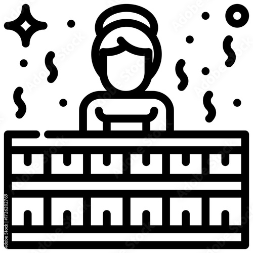 Lady sauna icon embodies relaxation as a woman plays piano amidst festive party confetti.
